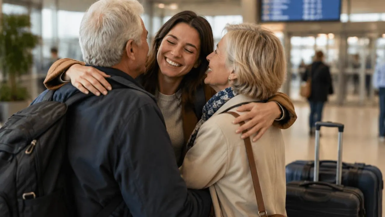 Hija adulta recibiendo a sus padres en la sala de llegadas de un aeropuerto