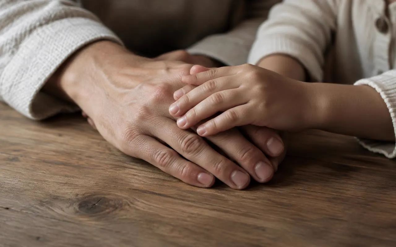 As mãos de um pai e de uma criança apoiadas juntas sobre uma mesa