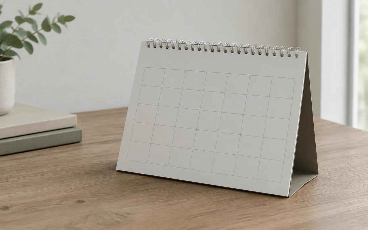 A desk calendar photographed at an angle