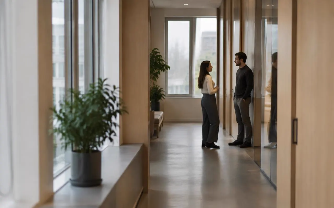 Two colleagues in conversation in an office corridor