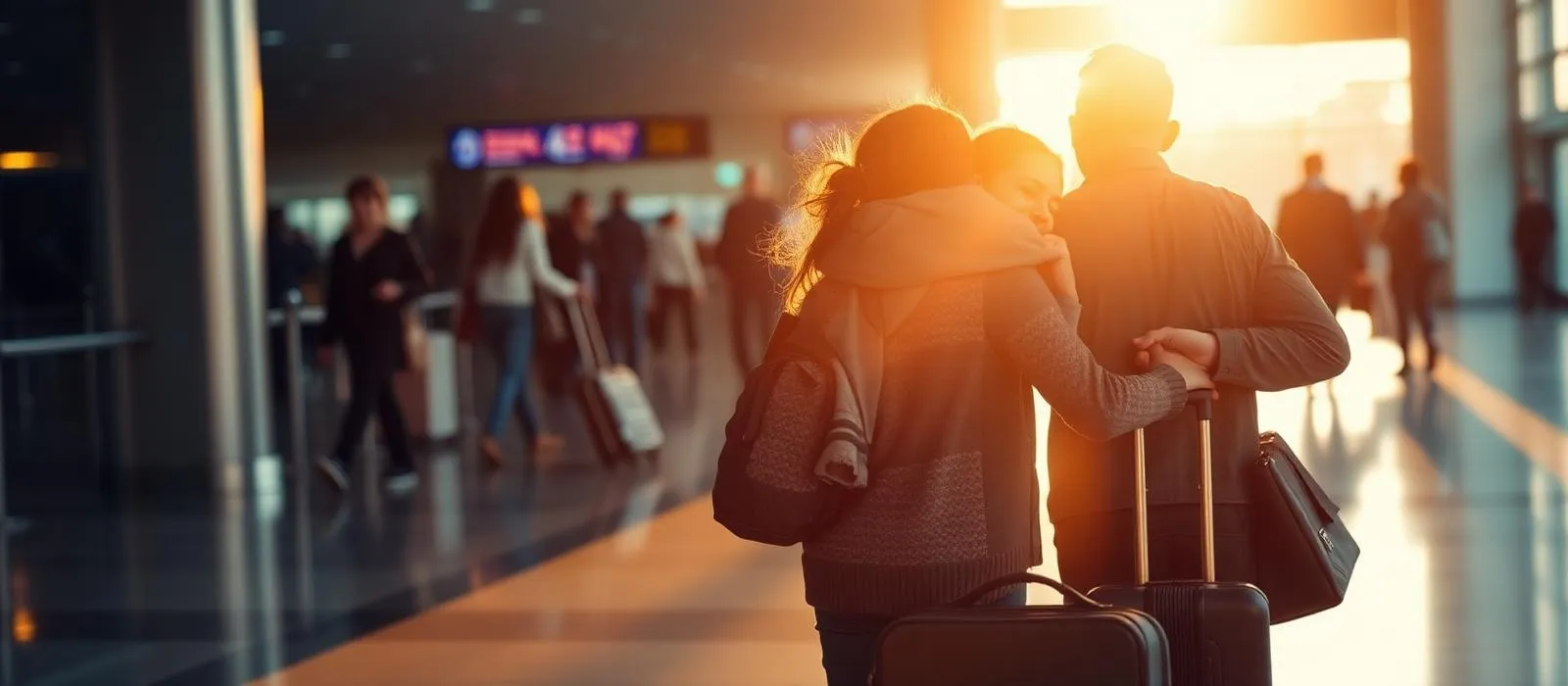 A family reunited at an airport arrivals hall