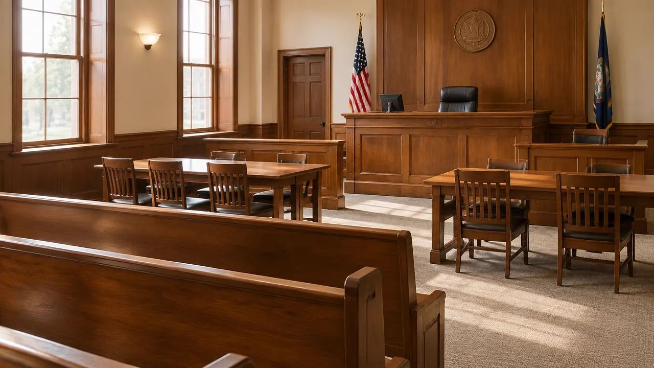 Sala de tribunal vacia con bancas de madera y luz de la manana