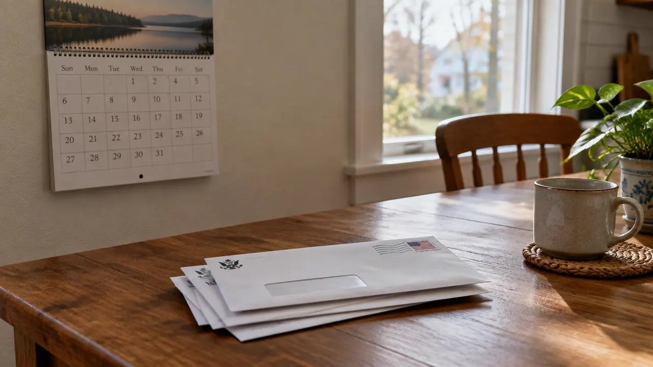 Wall calendar and unopened government mail on a kitchen table