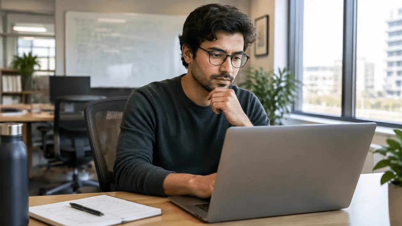 Profissional pensando diante de um laptop em um escritorio moderno