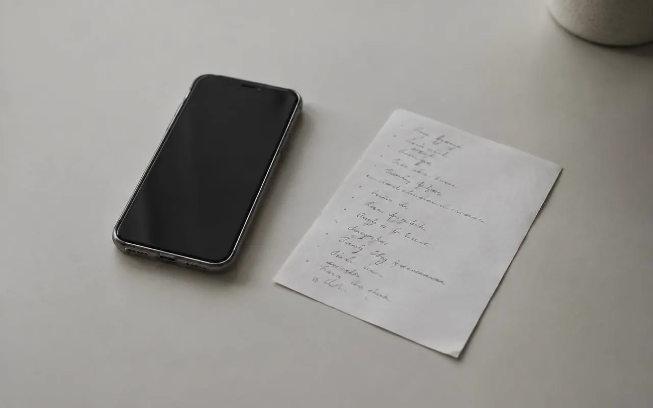 A phone and a handwritten list on a table