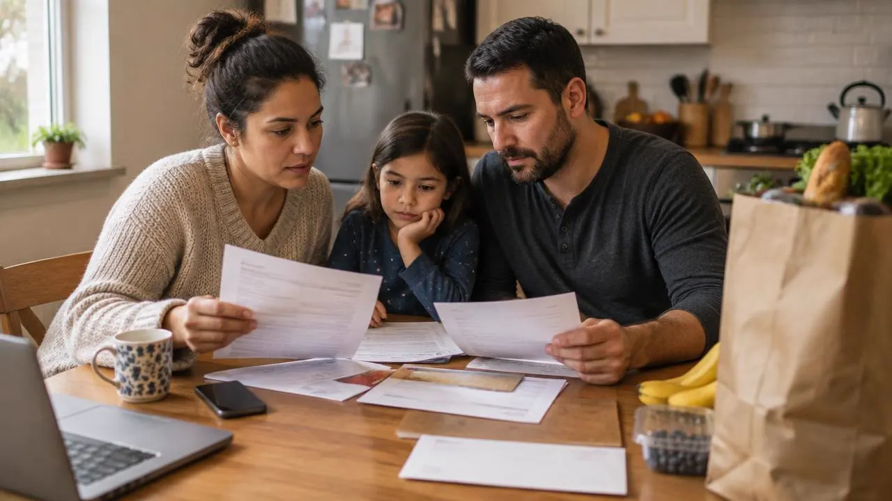 Familia revisando documentos juntos en la mesa de la cocina