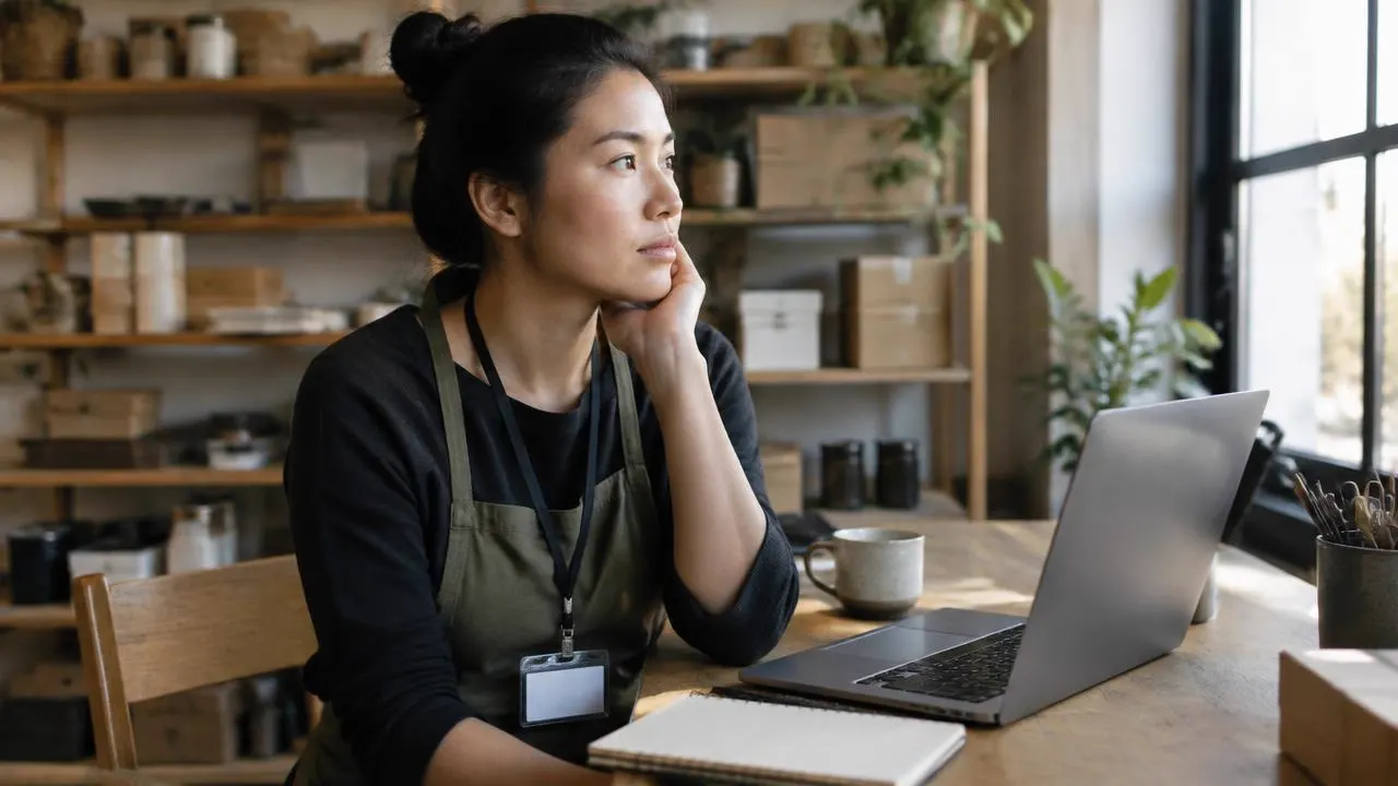 Worker with an ID badge pausing at a small business workstation