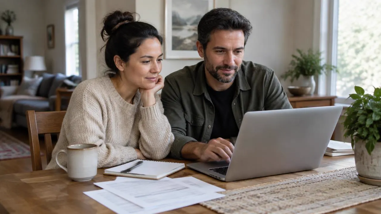 Casal revisando documentos em um laptop em casa