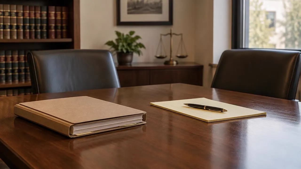 Mesa de reuniones de un bufete con un expediente cerrado y una libreta legal