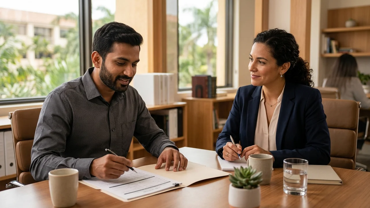 H-1B worker reviewing employment-based green card paperwork with an immigration attorney