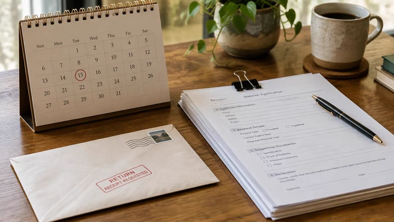 Calendario de mesa, envelope selado e documentos de renovacao