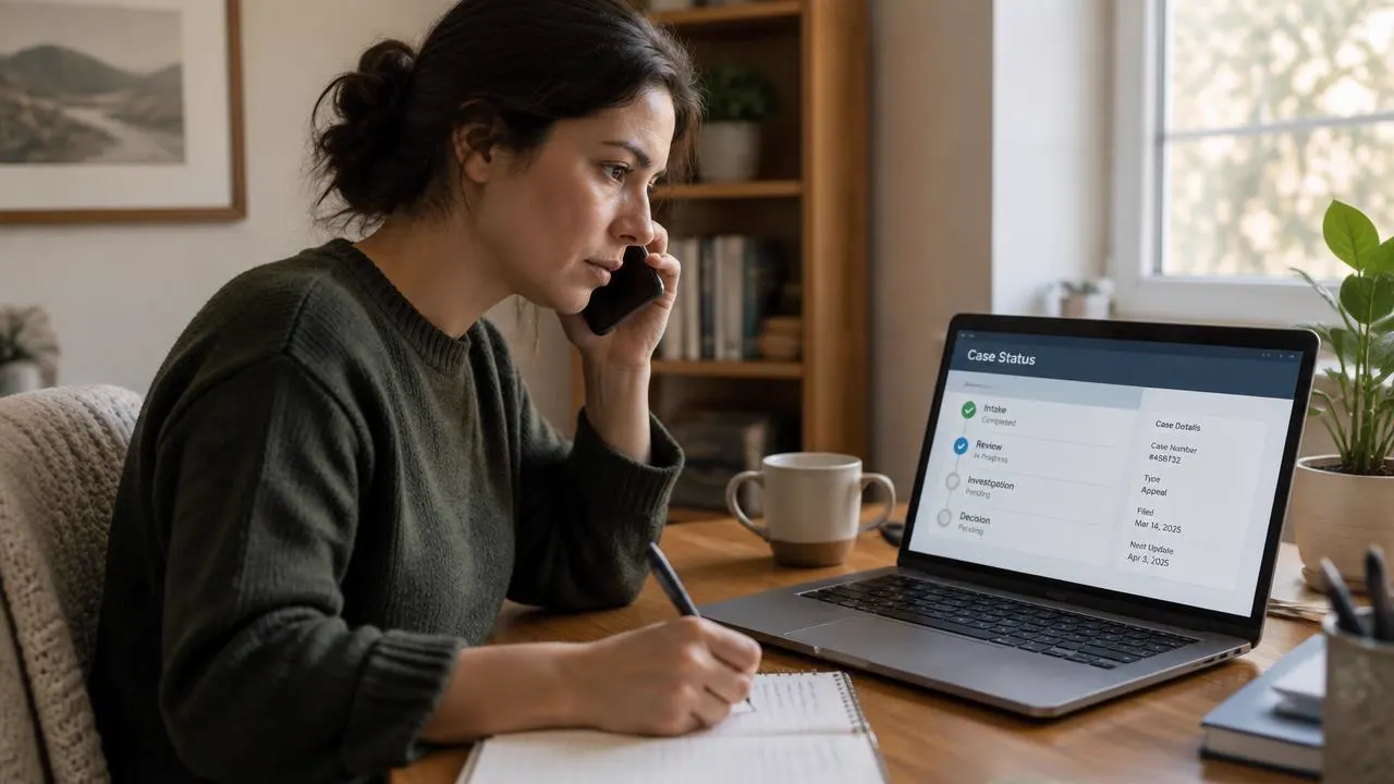 Persona al telefono tomando notas junto a una laptop con el estado de su caso