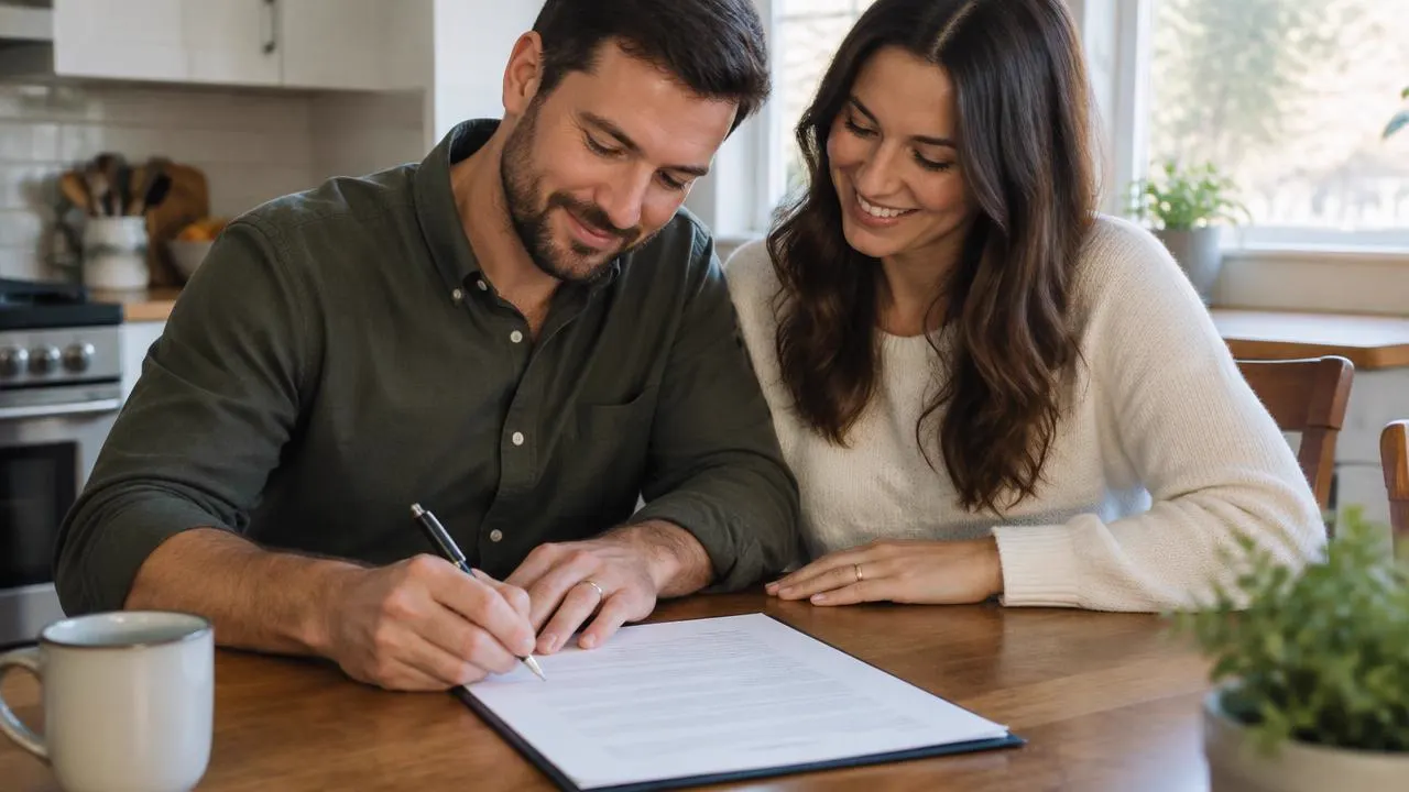 Married couple signing paperwork together at a kitchen table