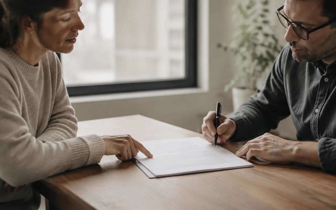 Two people reviewing a document across a table
