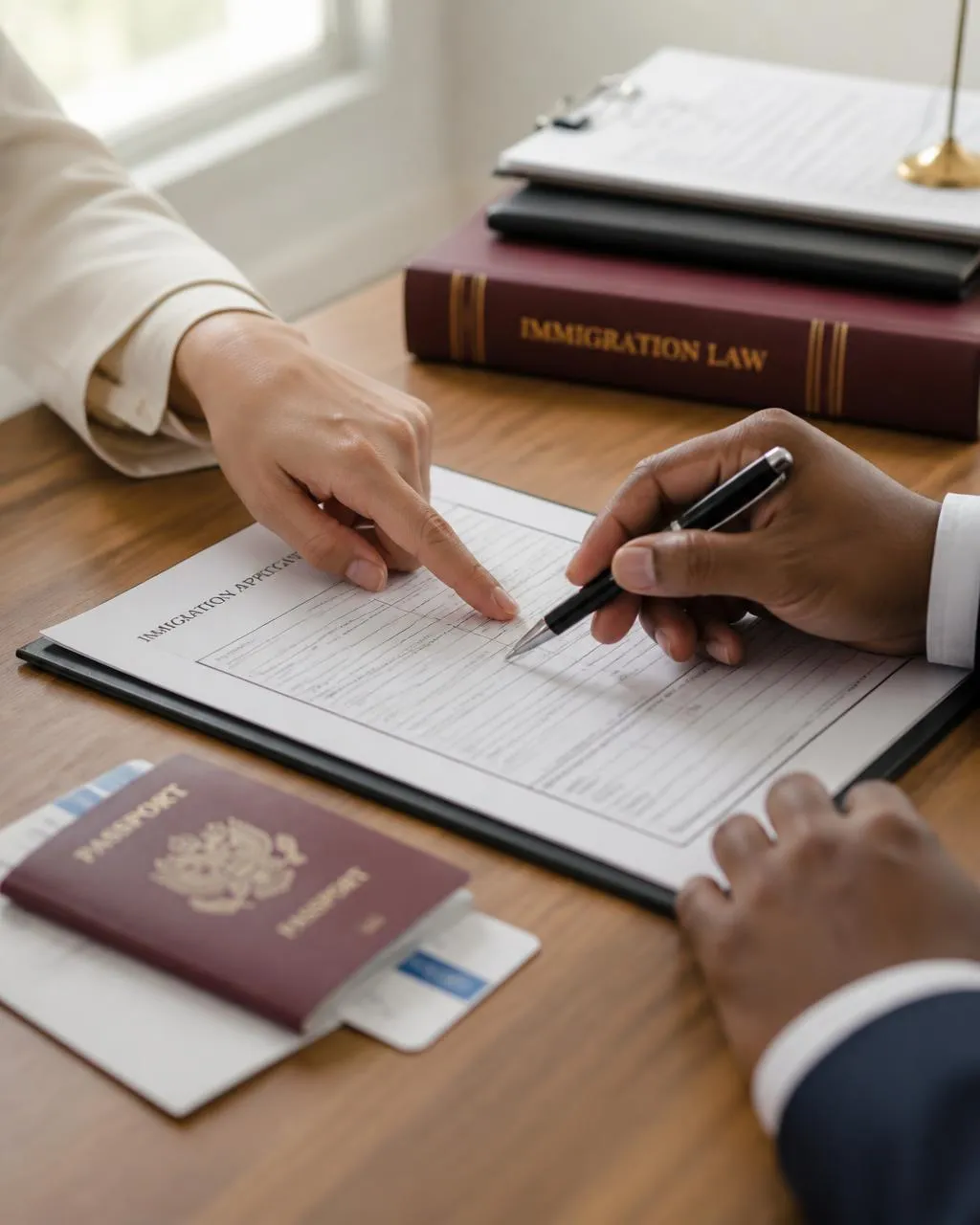 Una abogada de inmigración y su cliente revisando juntos una solicitud