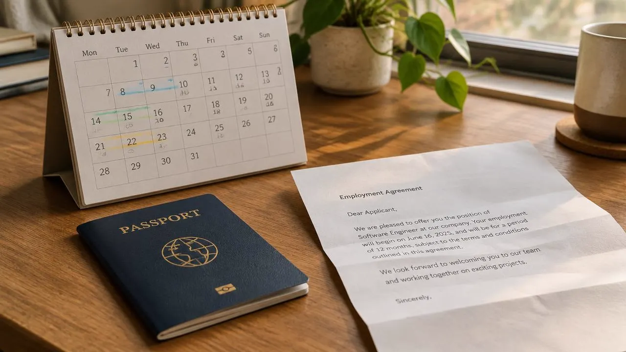 Desk calendar beside a passport and an employment letter