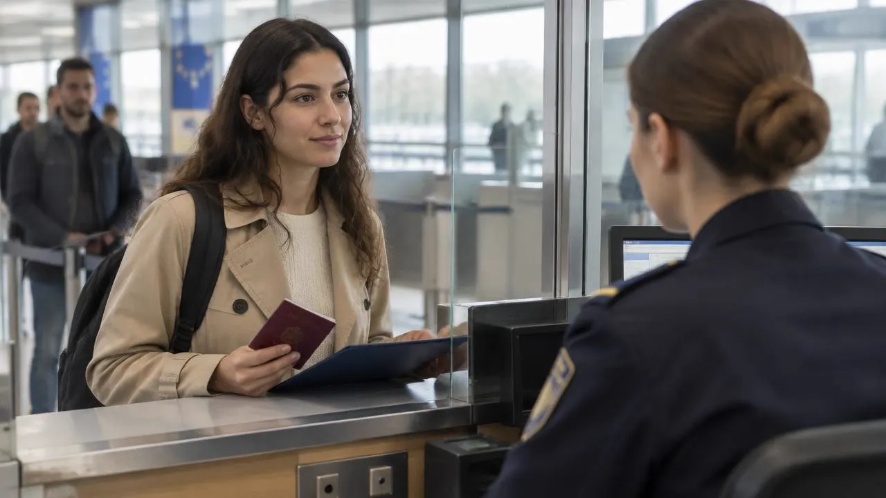 Viajera presentando su pasaporte y carpeta en un mostrador fronterizo