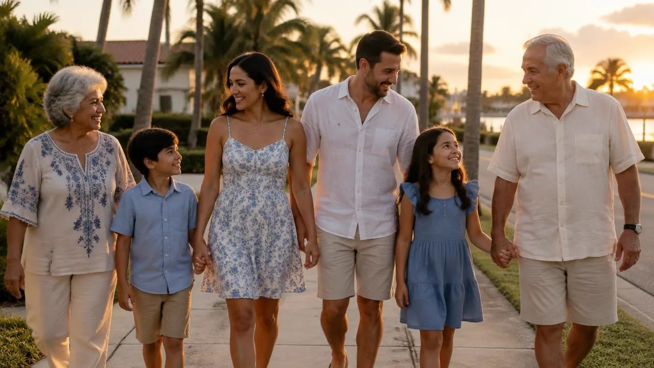 Familia de varias generaciones caminando juntos en una calle del sur de Florida al atardecer