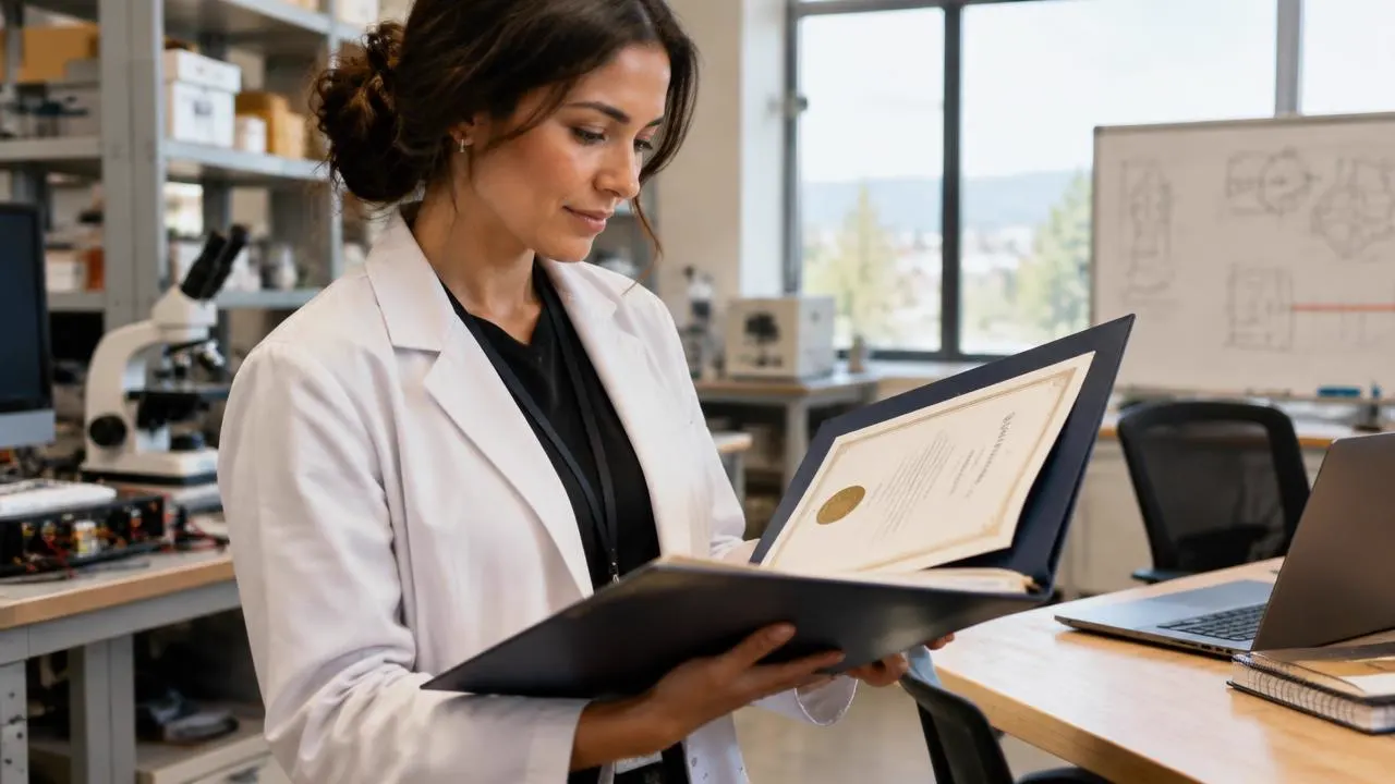 Profissional revisando diplomas e credenciais no local de trabalho