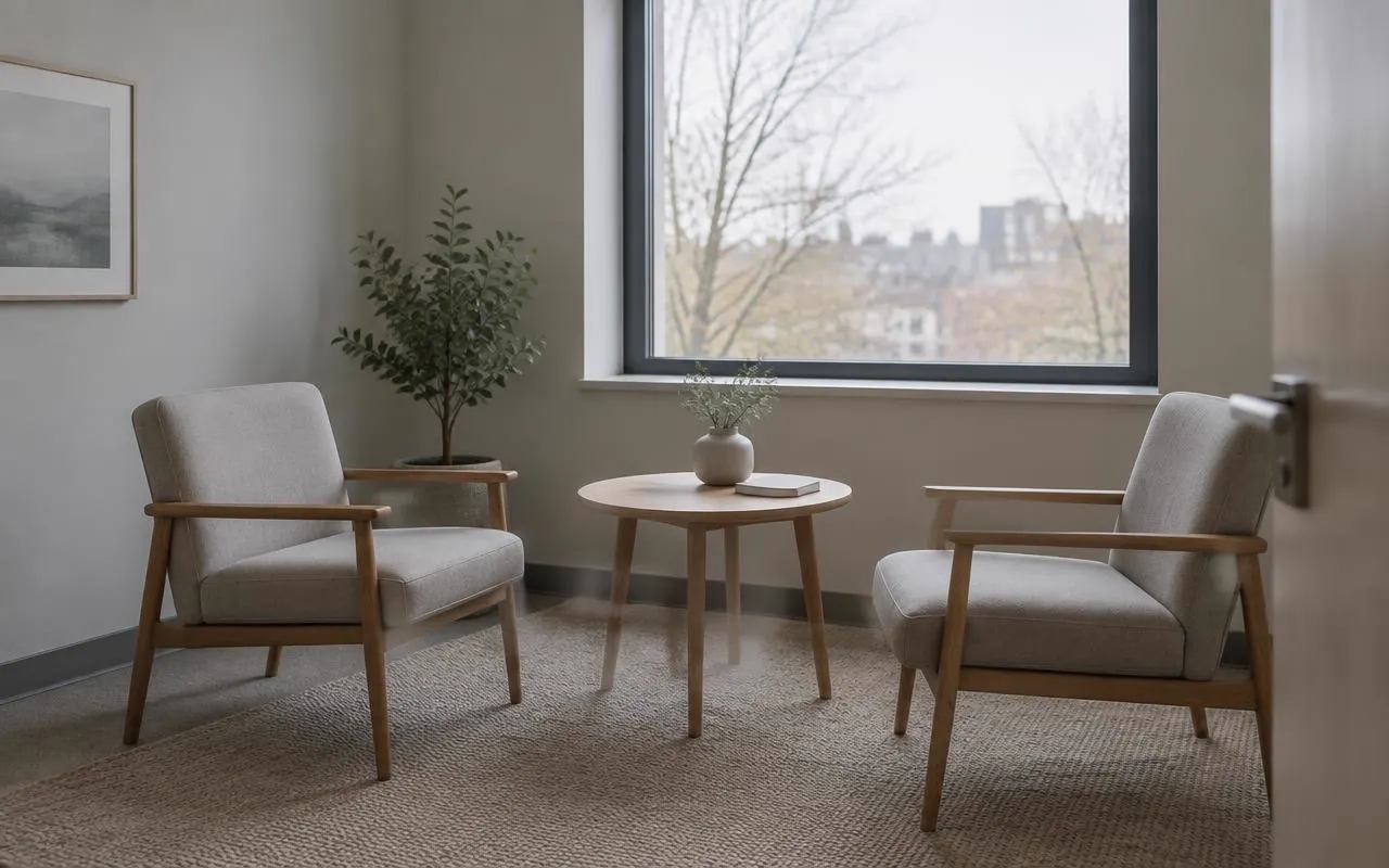 A quiet consultation room with two chairs and a table