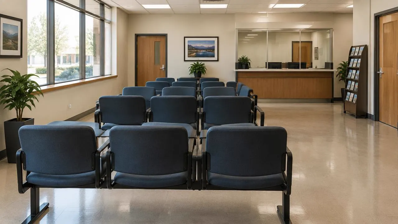 Sala de espera vacia con filas de sillas en una oficina gubernamental