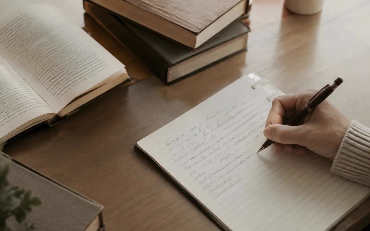 A handwritten declaration in progress beside reference materials